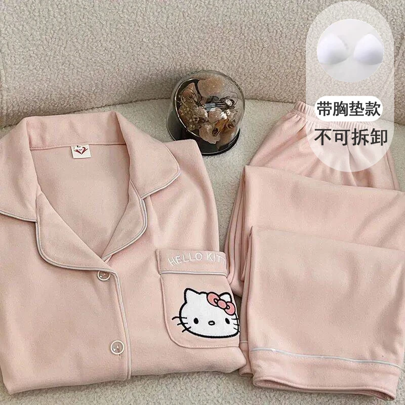 纽扣带钻带胸垫HelloKitty德绒睡衣女秋冬季珊瑚绒加绒加厚