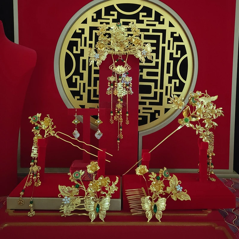 15291喜看优选红色新中式金色复古时尚新娘头饰凤冠霞大气宫廷