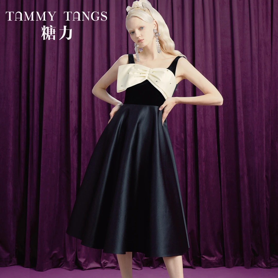 糖力 高雅小礼服女 中长款撞色钻饰蝴蝶结吊带连衣裙