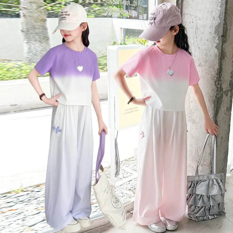 女童套装冰丝渐变短袖夏装2024新款两件套女孩时髦儿童运动速干裤