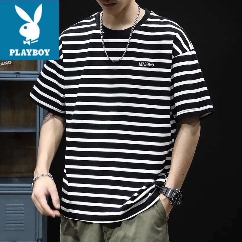 花花公子短袖t恤夏季男款宽松条纹潮圆领美式休闲时尚半袖新款潮