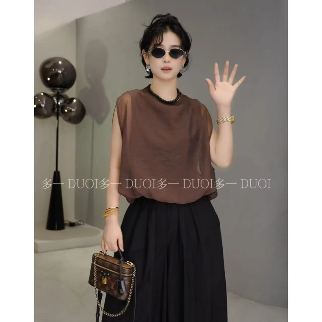 多一“南瓜背心”2025夏季时尚圆领百搭波浪摆无袖网纱假两件马夹