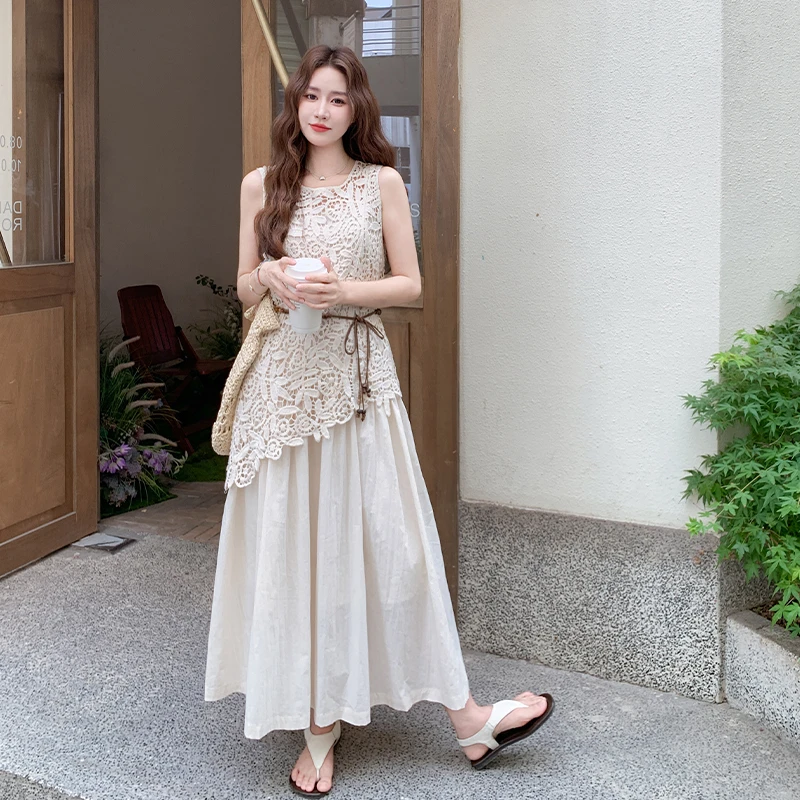 波西米亚风钩花镂空罩衫吊带连衣裙套装女2025夏季气质温柔两件套