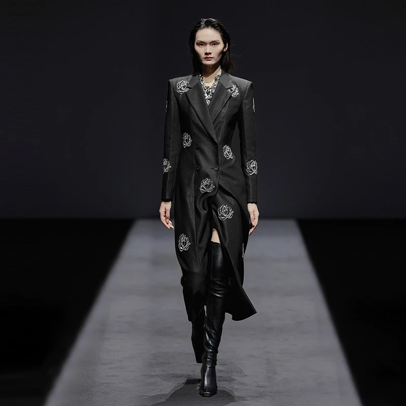 MAGGIEMA设计师春秋新款上档次超好看收腰长款黑色风衣外套女664C