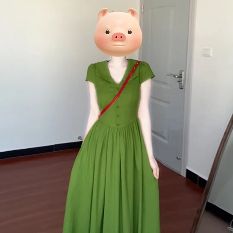 3528法式复古绿色衬衫连衣裙子女夏季2025新款高级感独特漂亮长裙