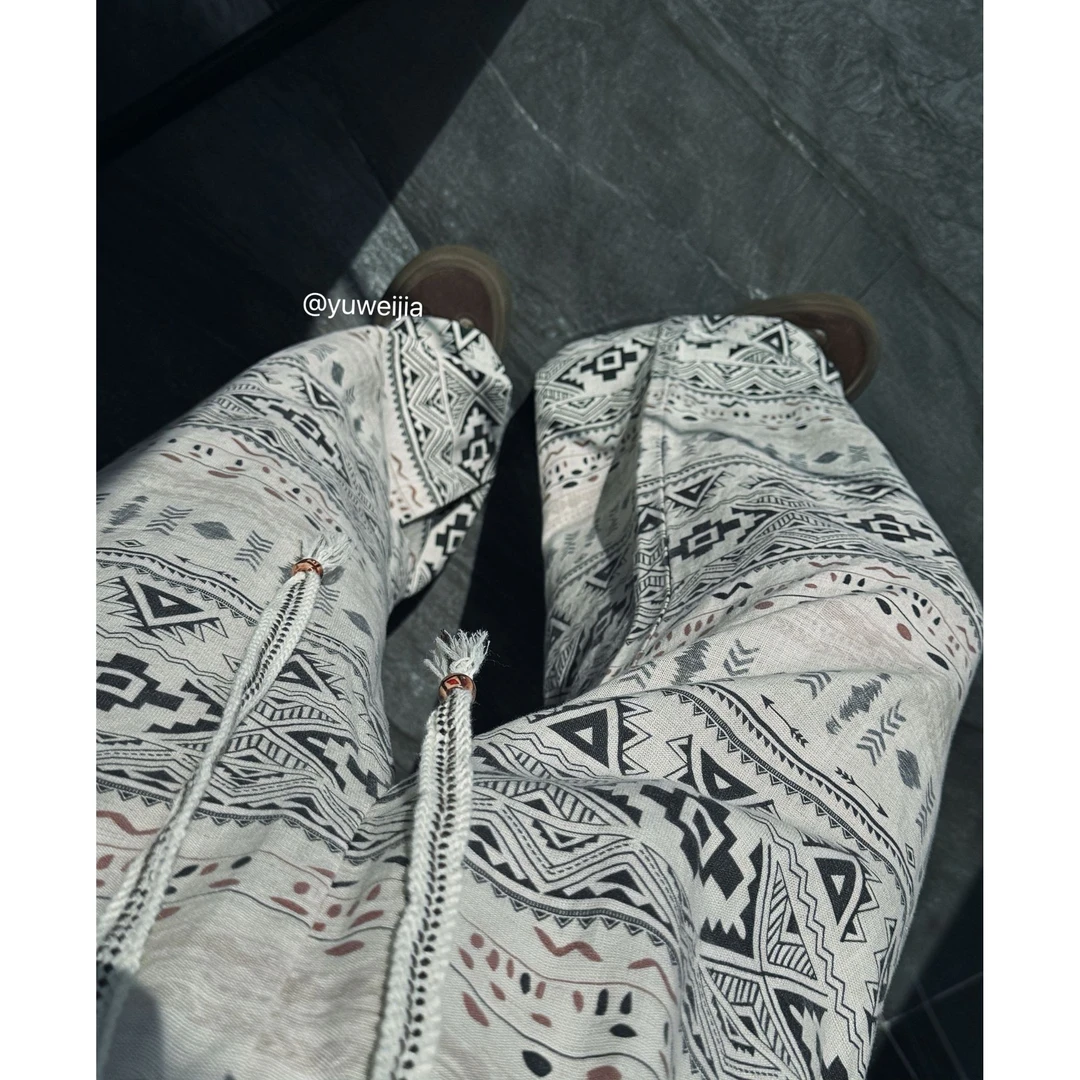 『GTYU』莱赛尔76.6%进口亚麻23.4%高腰休闲通勤直筒长裤垂感印花裤