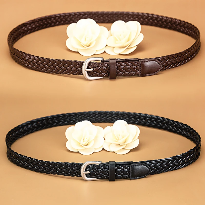 新款咖色编织腰带女百搭复古手工编织银色针扣皮带牛仔裤休闲裤带