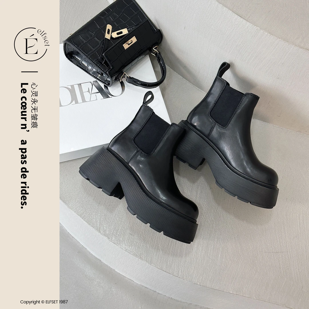 ÉLFSET | 冬季头层牛皮厚底女鞋增高切尔西短靴-ESE-1602-353