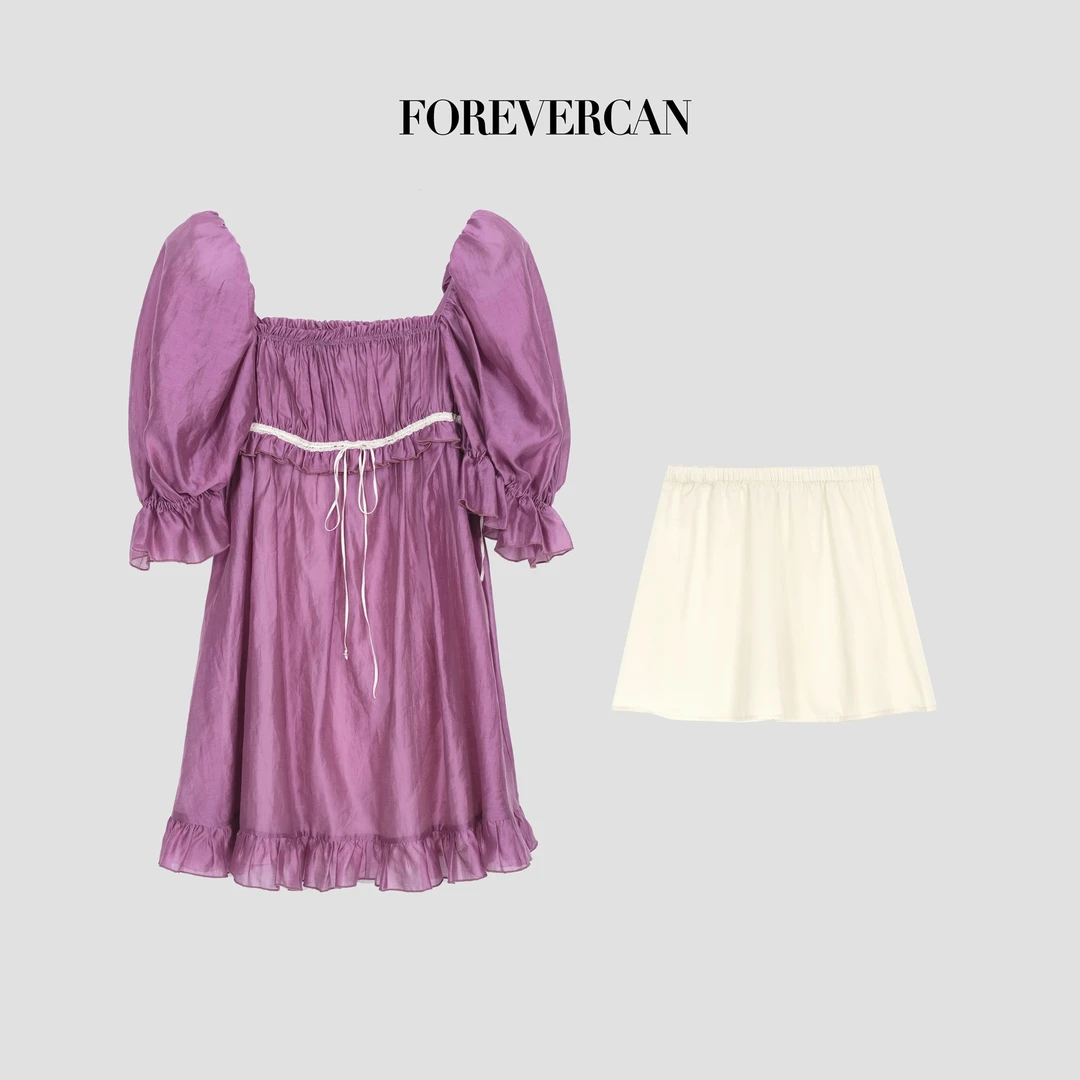 FOREVERCAN“温柔以待”甜美少女感泡泡袖高腰连衣裙SD23394