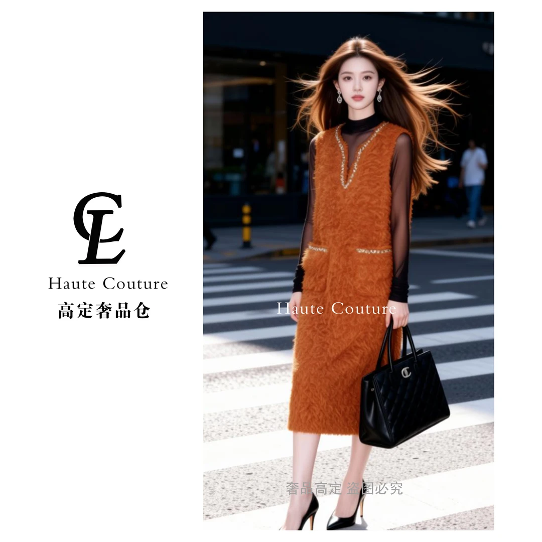 Larmoli2455无袖烫钻秋冬慵懒风宽松显瘦叠穿背心裙