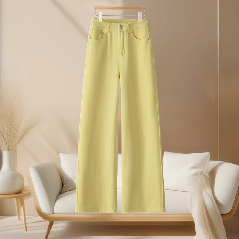 设计感纯色阔腿牛仔裤女夏季新款高腰宽松多巴胺黄色弯刀裤5736