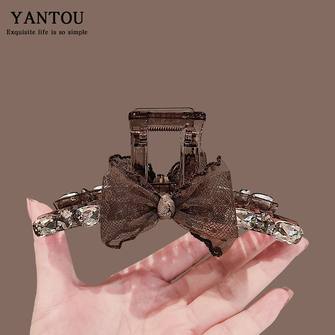 2025新款高级感抓夹发量多波浪水钻发抓网纱蝴蝶结马尾鲨鱼夹发饰