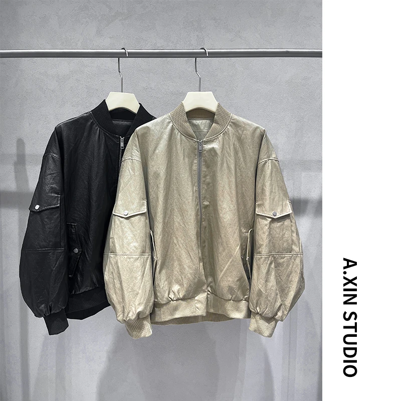 【25新品系列】美式复古男士皮衣棒球领褶皱皮夹克宽松廓形外套