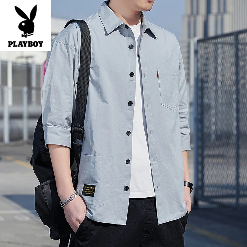 花花公子夏季男士衬衫薄款宽松七分袖潮流韩版休闲衬衣时尚纯色日