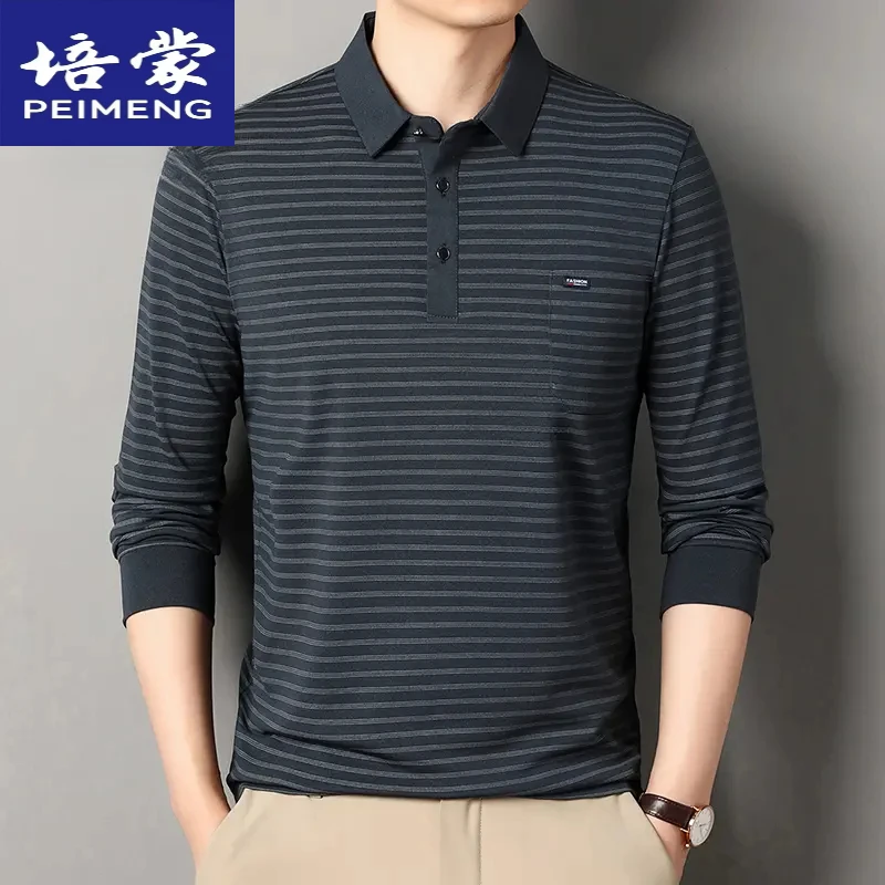 培蒙春季新款翻领长袖T恤宽松男装真口袋polo衫薄款条纹商务男夏