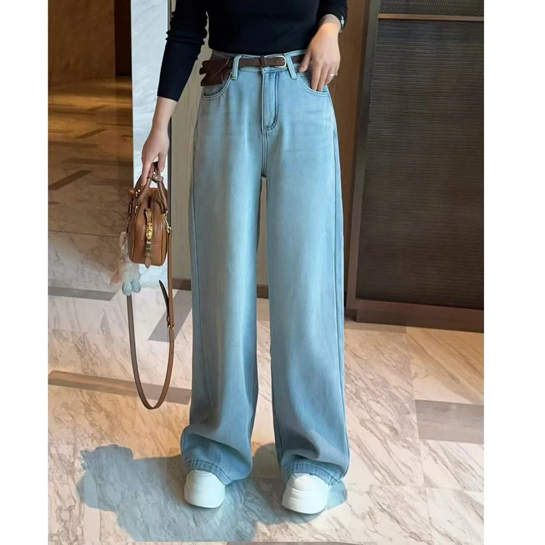 玳妮【反季蓝腰包阔腿裤】冬季高腰浅色系水洗直筒裤加绒显瘦牛仔裤