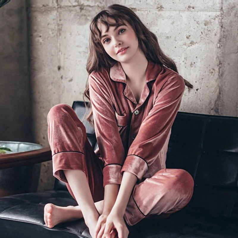 韩国时尚金丝绒睡衣女士秋冬长袖薄款大码家居服春秋季可外穿套装