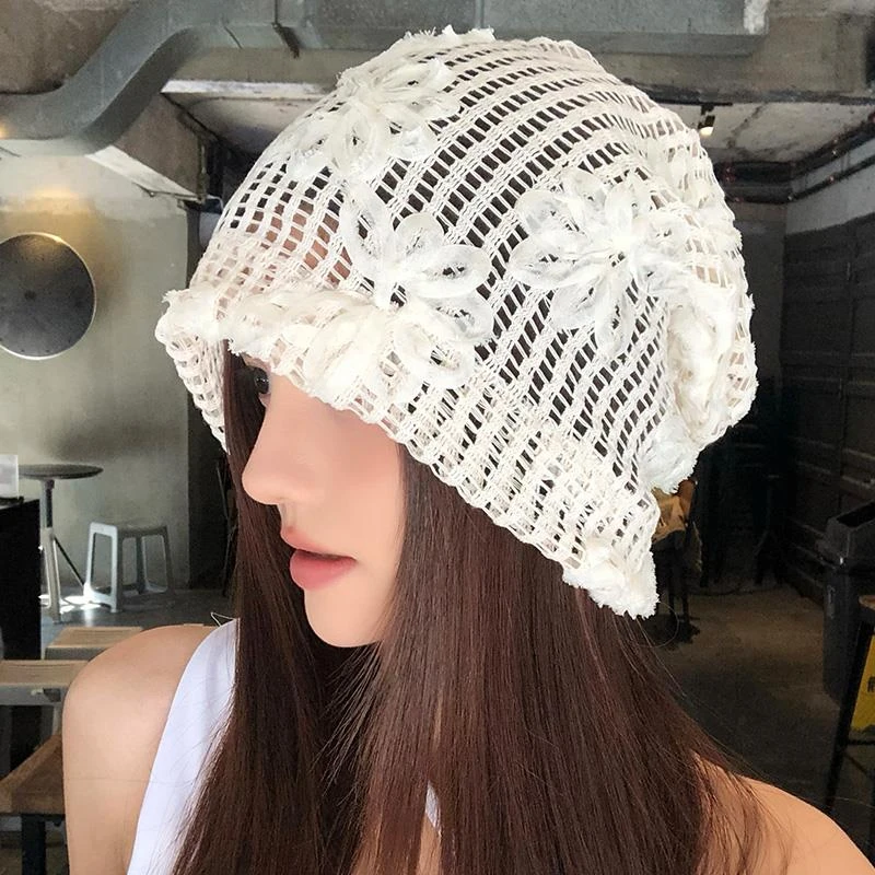 韩版立体花朵包头帽女春夏新款时髦镂空透气薄款大头围冷帽堆堆帽