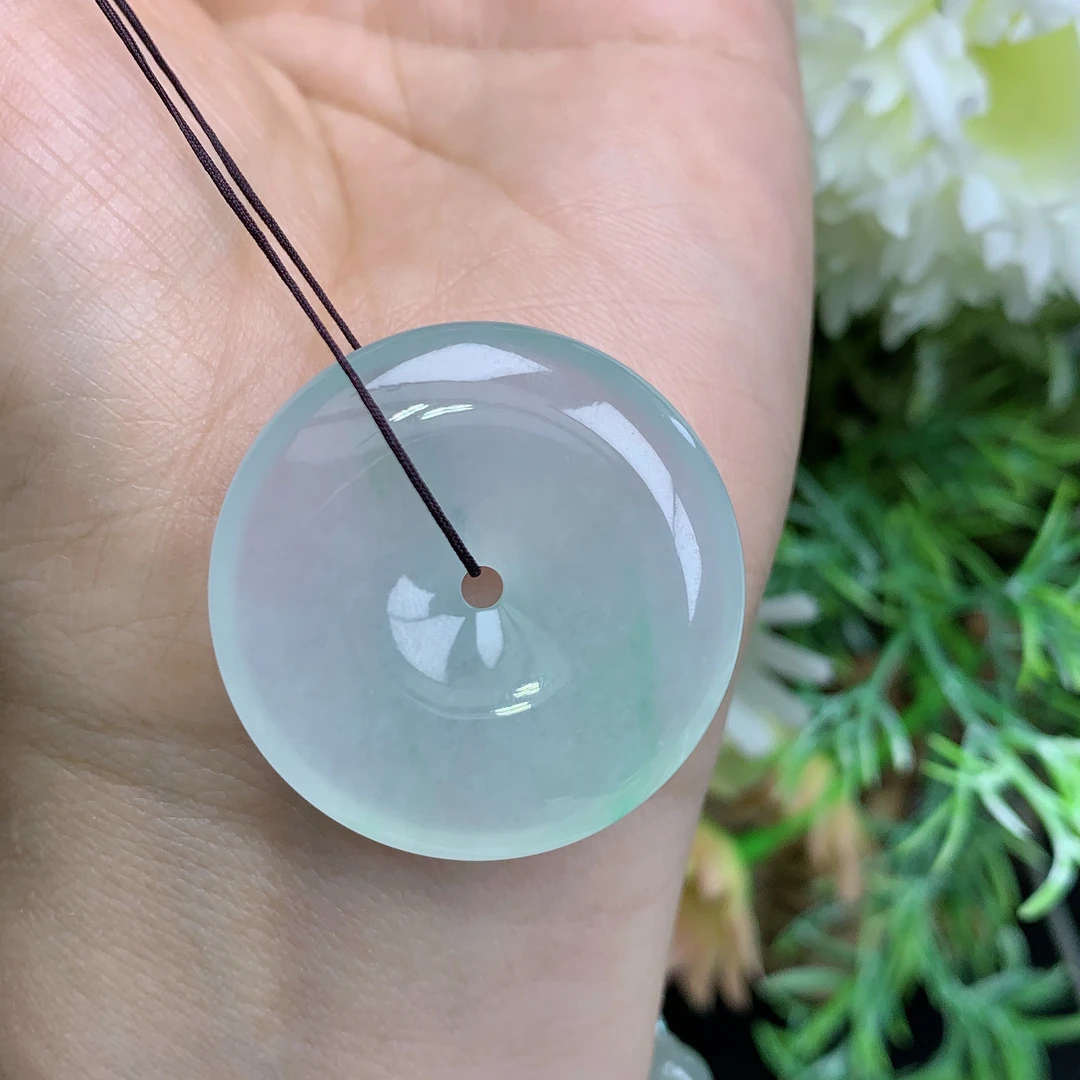 缅甸天然翡翠a货冰种起胶飘阳绿饱满平安扣吊坠燕尺寸32.7/7.1mm