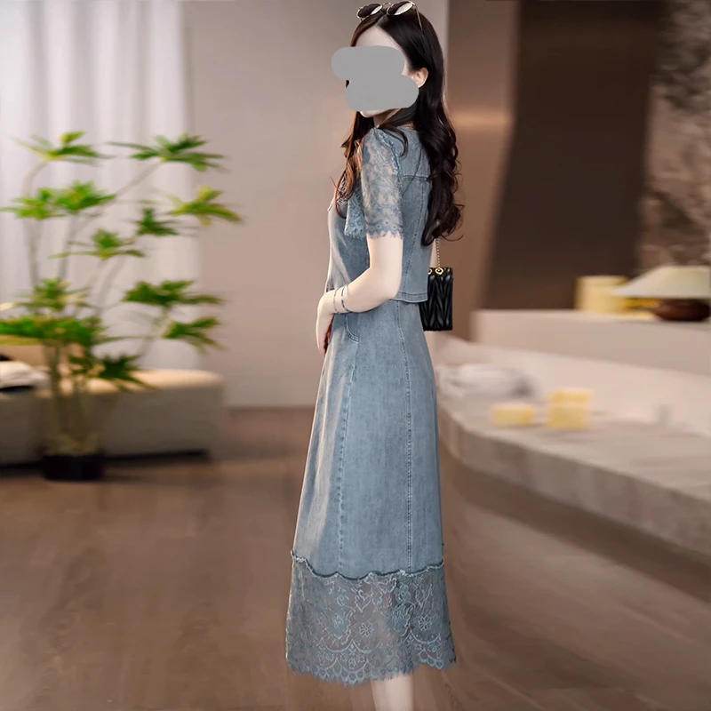 法式度假风蕾丝拼接假两件牛仔连衣裙女夏季洋气复古显瘦中长裙