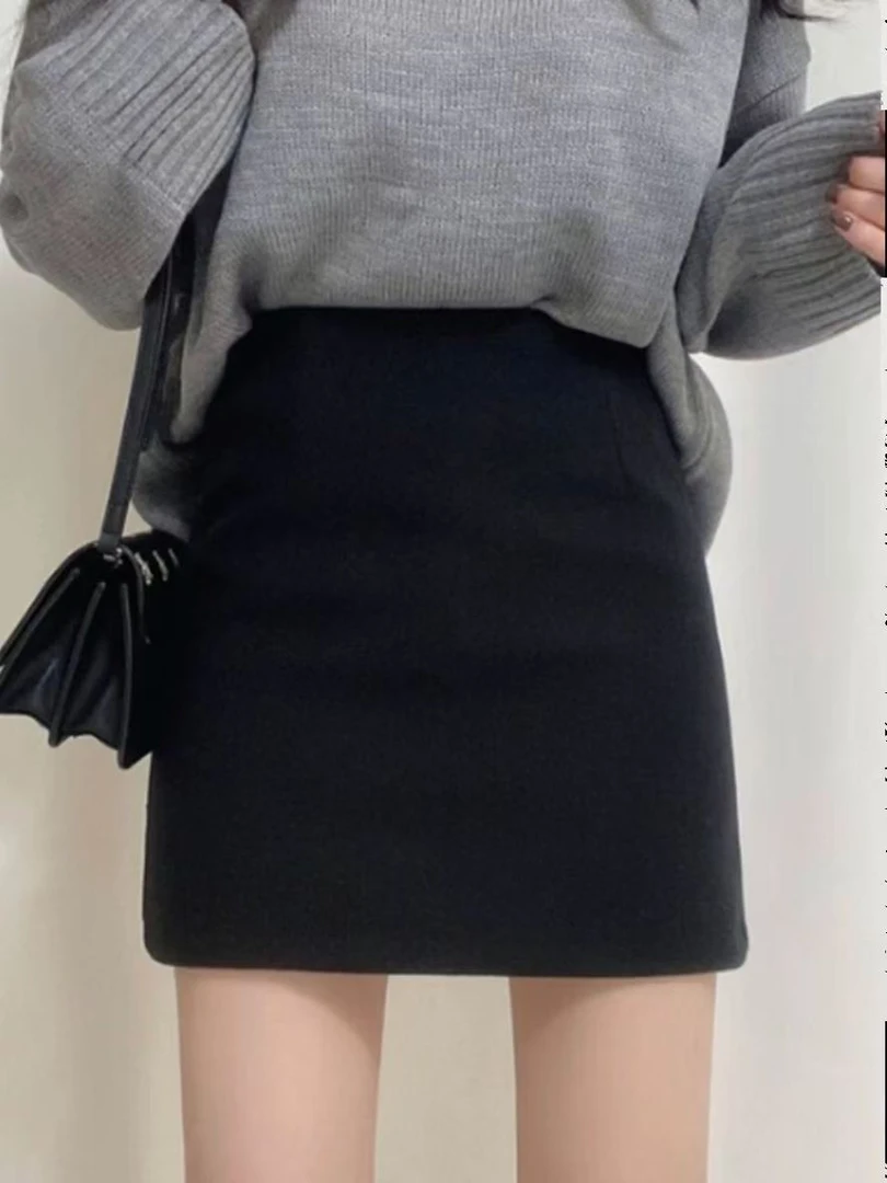 2077 带腰带高腰显瘦毛呢半身裙女秋冬韩版百搭A字裙小个子短裙