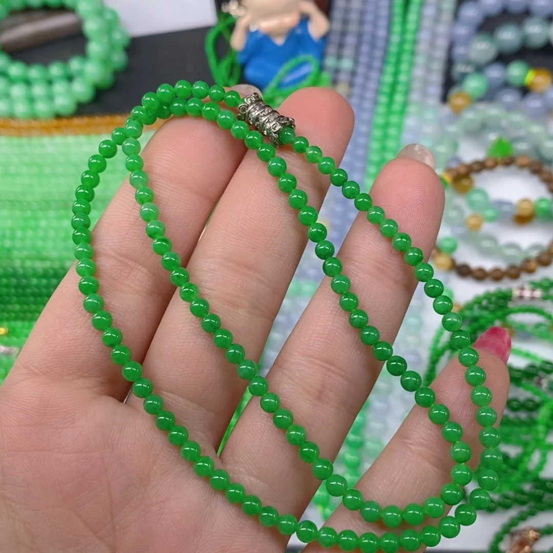 颈饰未镶嵌翡翠缅甸天然翡翠阳绿小米珠锁骨链3.7