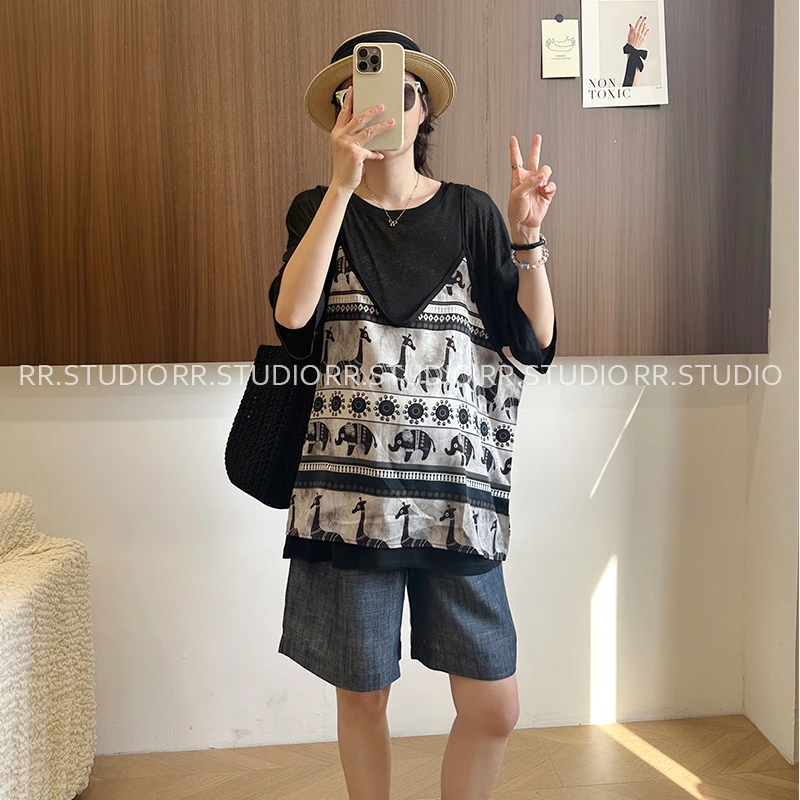 孕妇装夏季新款两件套宽松韩版时尚吊带+短袖T恤上衣DY2128