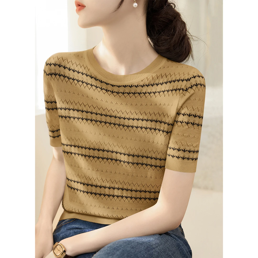 芥黄色条纹T恤上衣2025夏季新款女装气质百搭圆领宽松短袖针织衫