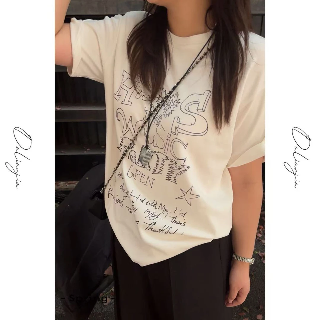 佳佳【线条烟花】线条感纯色图案短袖T恤夏季宽松印花百搭圆领