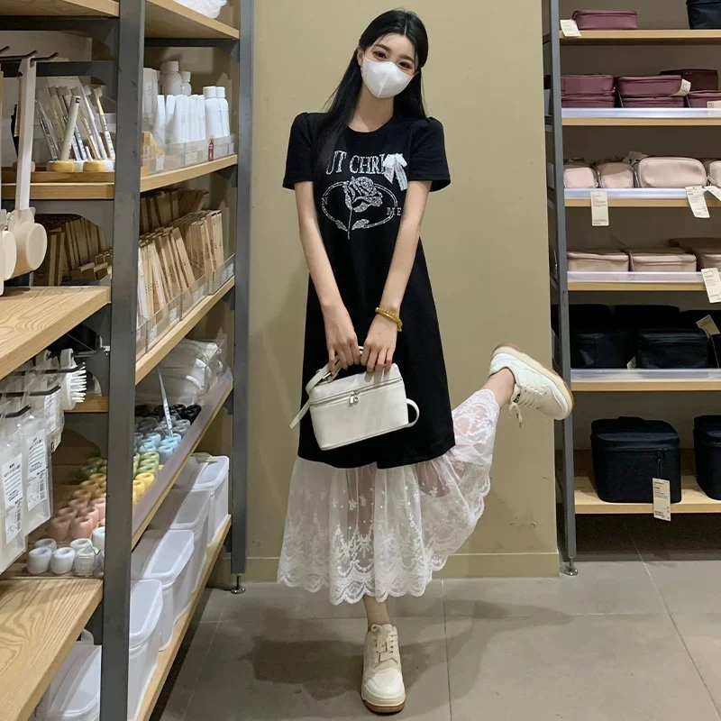 66079#2025新款烫钻宽松蕾丝拼接连衣裙夏季休闲百搭显瘦T恤裙