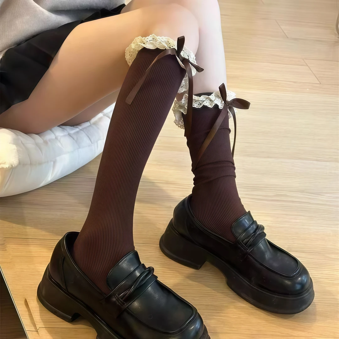 袜子女jk花边蝴蝶结洛丽塔小腿袜可爱纯欲甜酷辣妹少女中筒堆堆袜