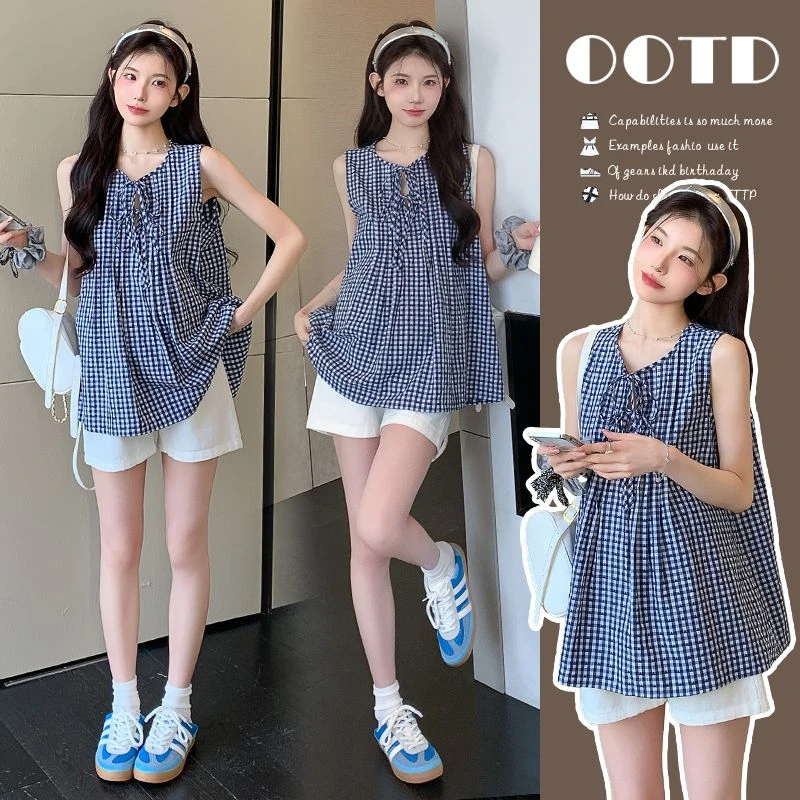 2025夏季两件套复古简约时髦蓝白格子无袖上衣＋托腹短裤套装