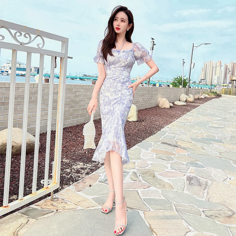 夏季女装新款气质名媛高级碎花优雅修身包臀短袖法式连衣裙1058