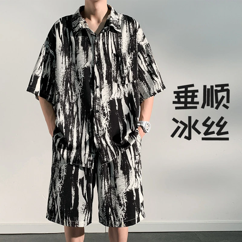 中国风扎染冰丝短袖衬衫套装男夏季潮牌大码短裤子休闲运动两件套