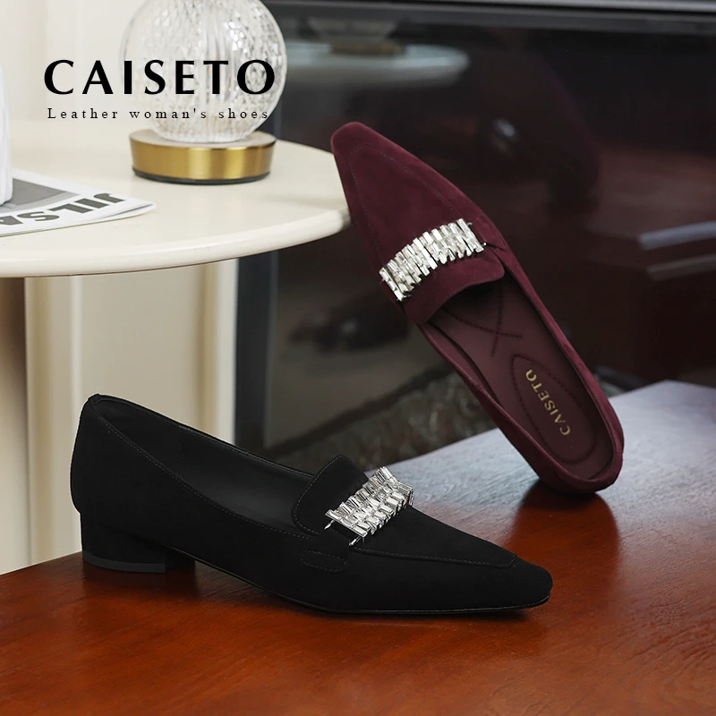 头层羊皮/3cm2024尖头搭扣复古平底鞋软底百搭浅口时尚低跟24D758