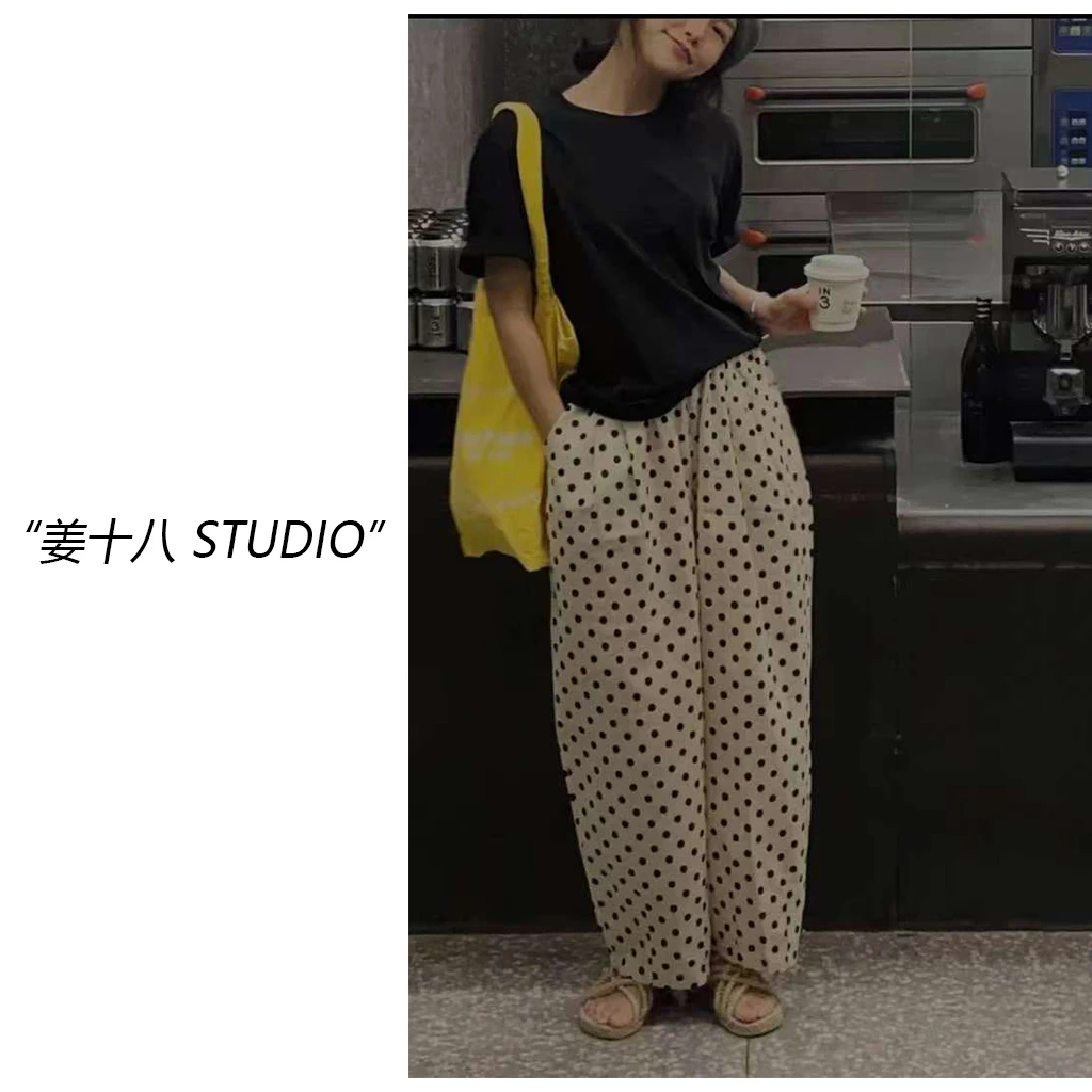 姜十八-「波点空调裤」韩国单！新款黑色波点宽松休闲九分裤