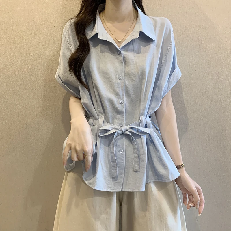 大码胖mm炸街漂亮蓝色短袖衬衫女2025夏季新款收腰遮肚巨好看上衣