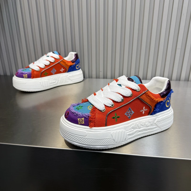 男鞋2025新款透气帆布鞋潮流百搭拼色厚底增高系带轻奢低帮休闲鞋