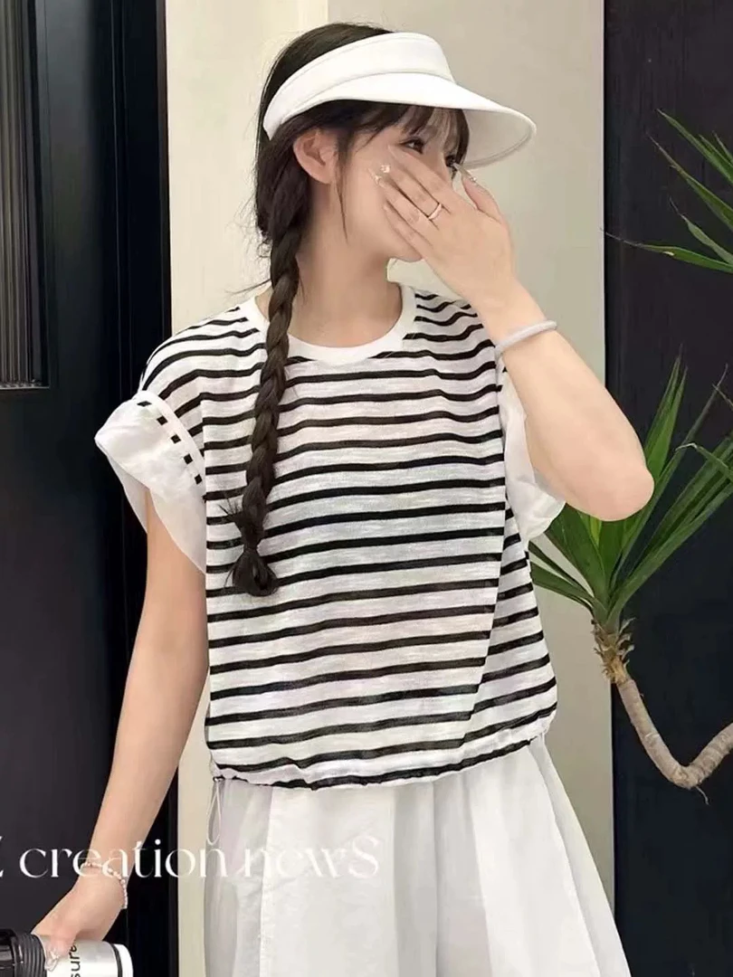 〔飞飞袖拼接条纹〕〔不可机洗〕欧货撞色袖口拼接假两件亚麻针织短袖