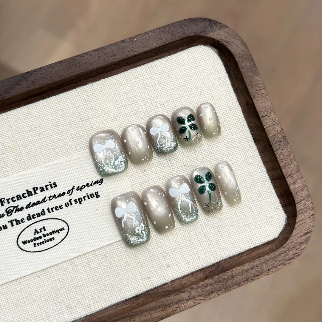 【四叶草】蓝珊手工穿戴甲夏季清新绿渐变波点猫眼手绘清冷温柔