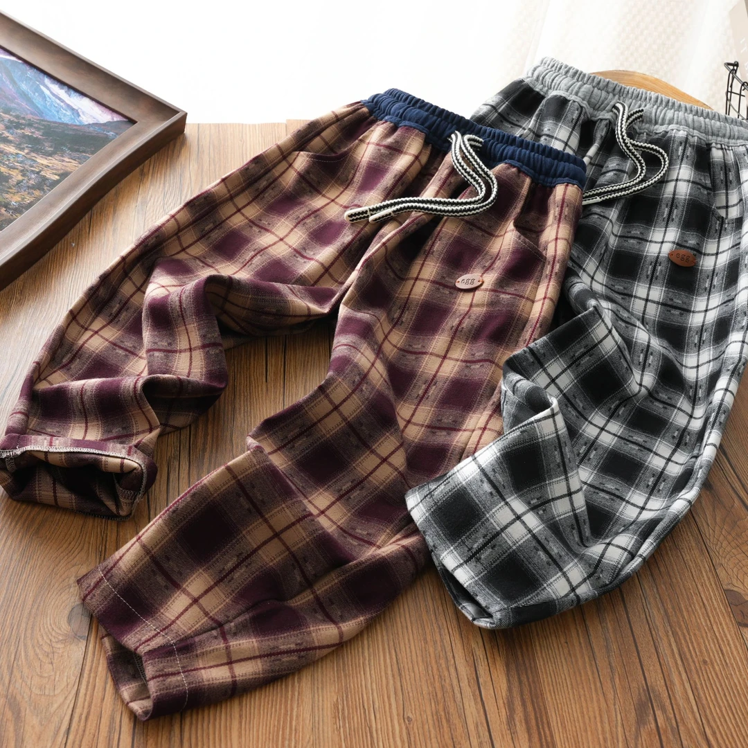 春季新款休闲儿童格子时尚抽绳卫裤中大童男童阔腿裤25C14