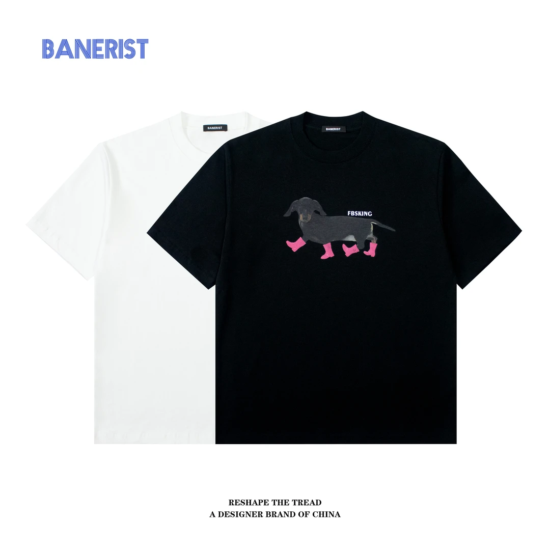 BANERIST美式复古潮流重磅嘻哈“腊肠小狗”休闲情侣纯棉圆领T恤
