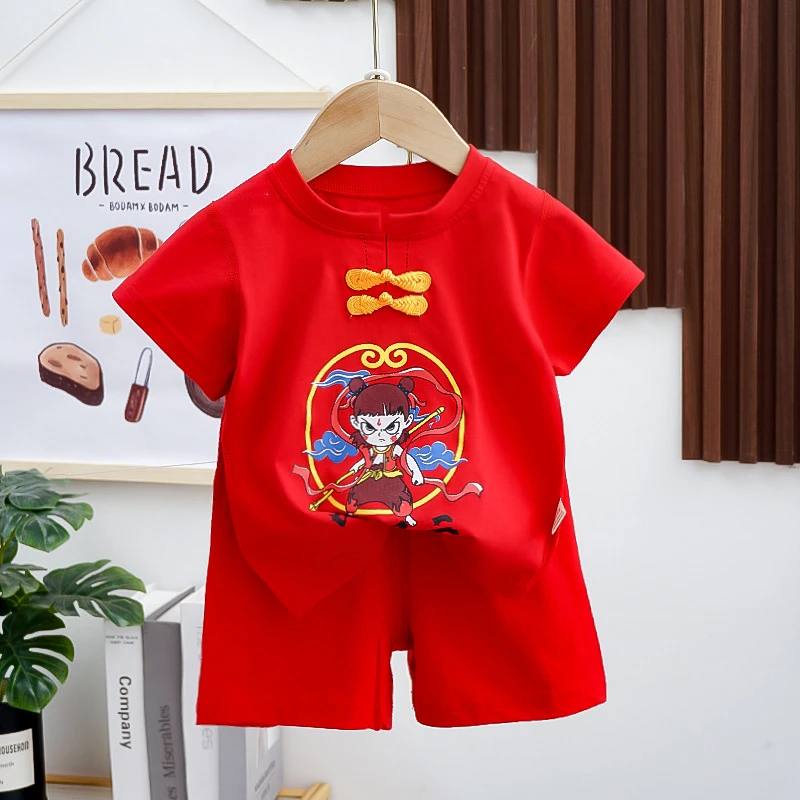 红色宝宝衣服婴儿百天周岁礼服宝宝拍照服装纯棉夏季婴幼儿衣服
