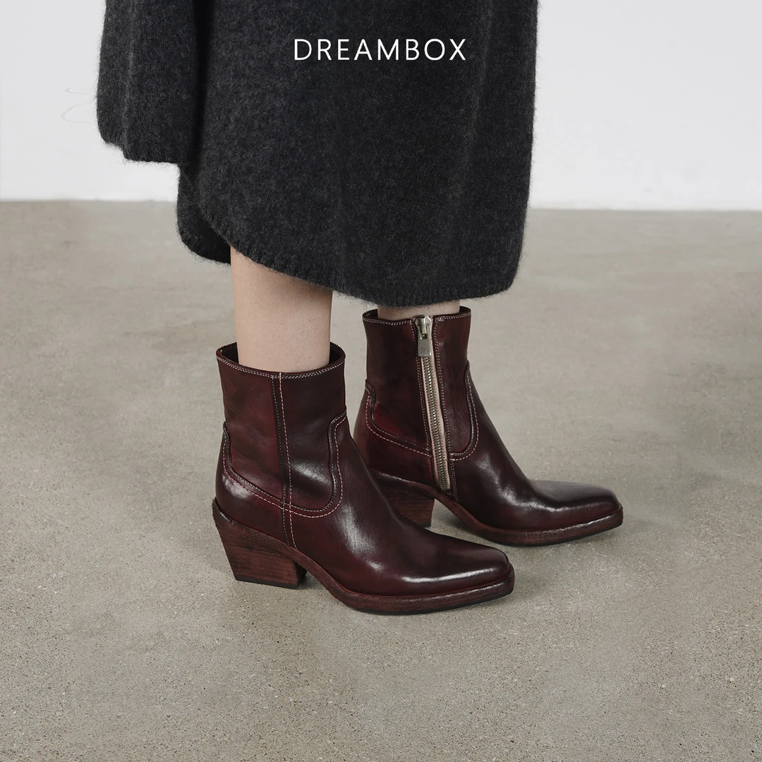 DREAMBOX钧博粗跟气质女靴水洗马皮尖头切尔西靴厚底增高洋气靴子