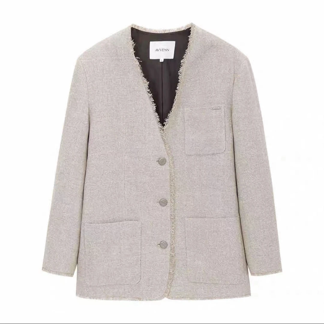 AVVENN 设计师品牌新品2025春无领流苏宽松西装外套女气质小香风
