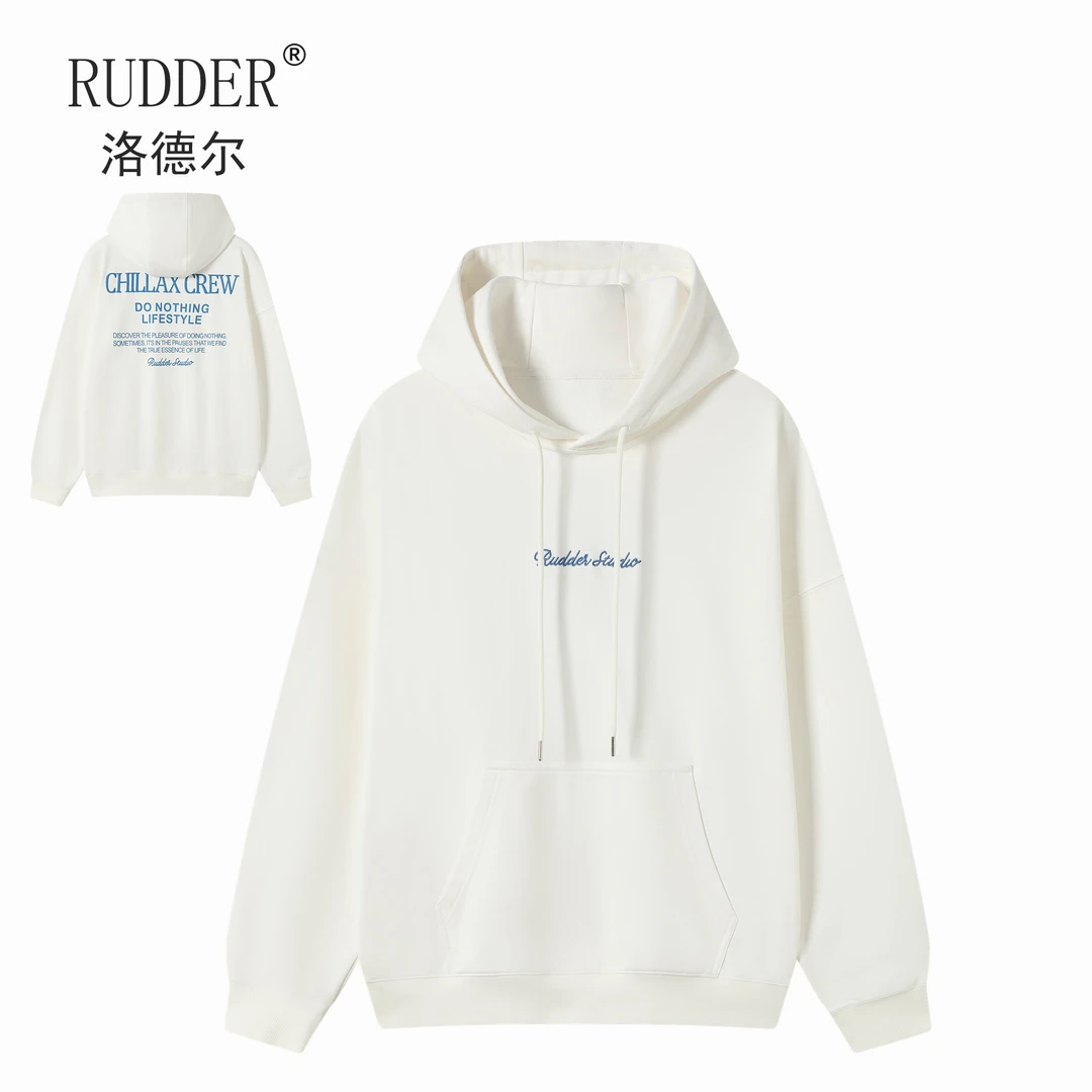 Rudder/洛德尔400克重磅全棉白色连帽卫衣刺绣印花潮流宽松上衣