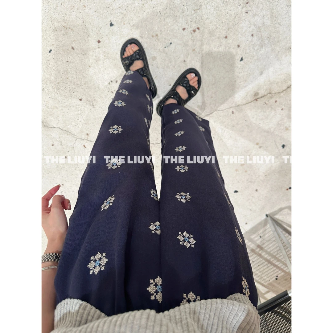 【LIUYI】图腾裤~夏季亚麻混纺刺绣波嬉风直筒裤560216