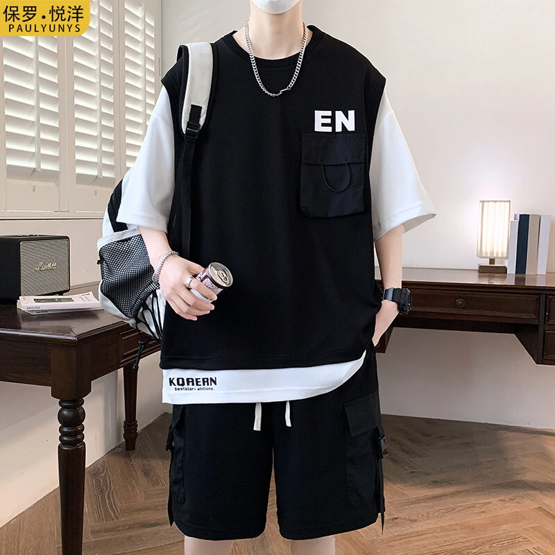 拼色t恤男短袖夏季潮牌凉感半袖宽松运动衣服青少年搭配一整套装T