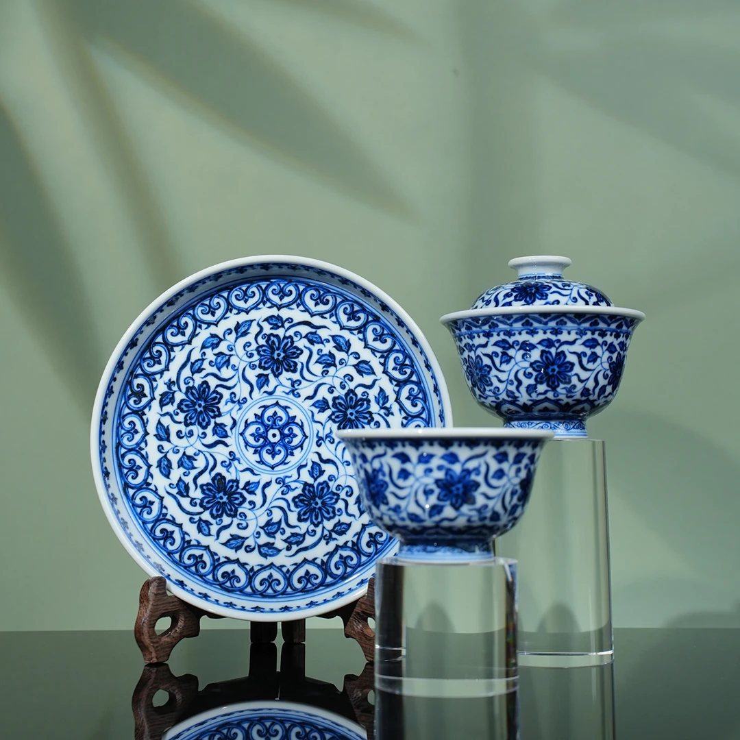 刘建锋窑仿明缠枝宝相茶器 景德镇柴窑手绘青花全手工茶具盖碗