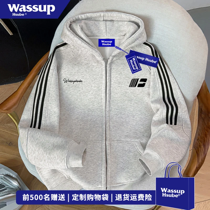 WASSUP HSUBE简约风字母印花连帽开衫卫衣男女秋冬季宽松拉链外套